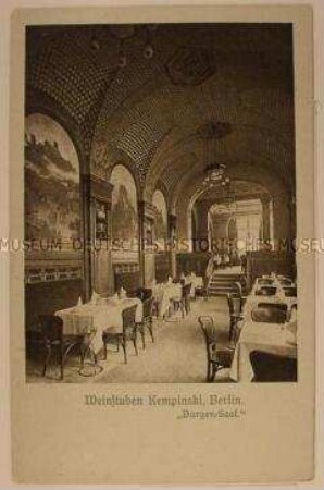 Fotopostkarte von den Weinstuben im "Kempinski", geschrieben von Max Schulze an Ida Thiele; Berlin, 6. Febr. 1917