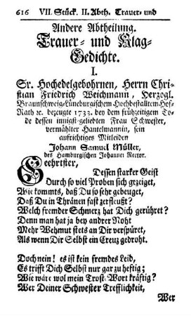 Andere Abtheilung. Trauer- und Klag-Gedichte.