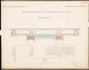 Südkanal für Berlin Schinkelwettbewerb 1878: Eisenbahnbrücke über den Kanal: Grundriss (2 Ebenen), Längsschnitt 1:150; Maßstabsleiste