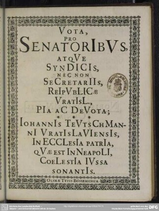 Vota pro senatoribus atque syndicis, nec non secretariis reipublicae Vratisl. ...