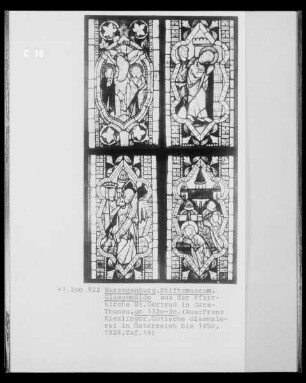 Glasgemälde aus der Pfarrkirche Sankt Gertrud in Gars-Thunau: Kreuzigungsgruppe und weibliche und männliche Heilige