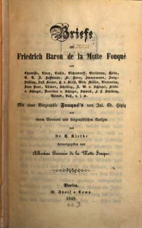 Briefe an Friedrich Baron de La Motte Fouqué