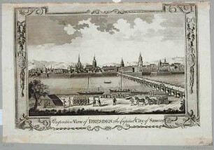 Ansicht von Dresden, Blick von der rechten Elbseite über die alte Augustusbrücke auf die Altstadt