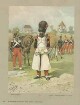 Landschaftsbild: Hornist in Uniform und Mütze, Pferd am Halfter führend, mittig Pionier in Arbeitsuniform (mit Schürze), Axt haltend, dahinter Gewehrpyramide und Grenadier mit Adjutant und Unteroffizier im Gespräch, jeweils in Uniform und Mütze