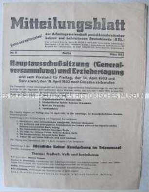 Mitteilungsblatt der Arbeitsgemeinschaft sozialdemokratischer Lehrer zur Einberufung der Generalversammlung im März 1933