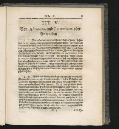 Tit. V. Von Advocaten, und Procuratoren oder Anwalden.
