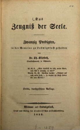 Das Zeugniss der Seele : Zwanzig Predigten, in der Gemeine zu Ludwigslust gehalten von Th. Kliefoth