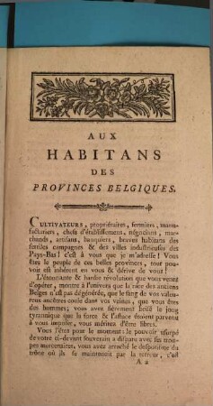 Aux Habitans Des Provinces Belgiques