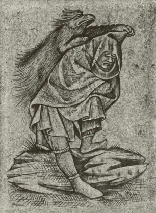 Mann mit Kapuze und Stachelschwein