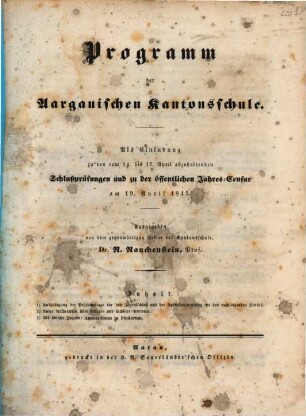 Programm der Aargauischen Kantonsschule : Schuljahr ... 1845, 1845