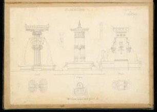 Laufbrunnen, Berlin Monatskonkurrenz April 1855: 3 Entwürfe in Grundriss und Aufriss; Maßstabsleiste