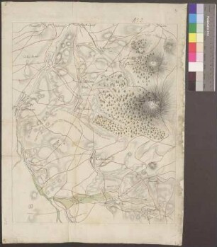 Zobtenberg; [ohne Titel]; ohne Verfasser; ohne Maßstab; 38 x 46,5 cm; Kartenrand: Kieferndorf-Marxdorf-Zobten; Stephansdorf-Seiffridau; Großwirau-Endersdorf; Stuhlberg-Zobtenberg-Tampade; Papier; Federzeichnung mit Schraffen; Wälder, Gewässer, Talauen in Wasserfarben.
