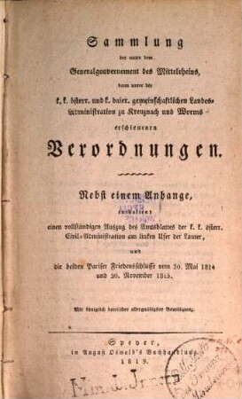 Sammlung der unter d. Gouvernement des Mittelrheins zu Kreuznach erschienenen Verordnungen