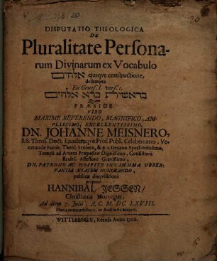 Disp. theol. de pluralitate personarum divinarum