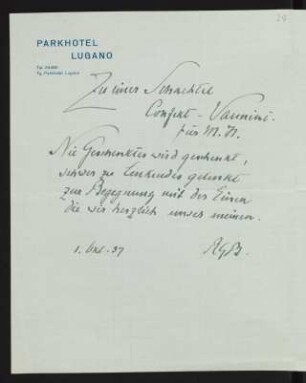 Brief von Rudolf G. Binding an Margarete Hauptmann