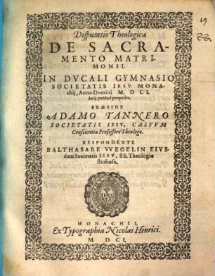 Disputatio theologica de sacramento matrimonii