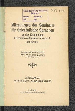 11.1908: Mitteilungen des Seminars für Orientalische Sprachen an der Friedrich Wilhelms-Universität zu Berlin