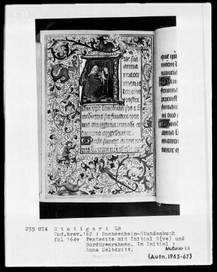 Lateinisches Stundenbuch (Sachsenheim-Gebetbuch) — Textseite mit historisierter Initiale und Drolerien, Folio 164verso