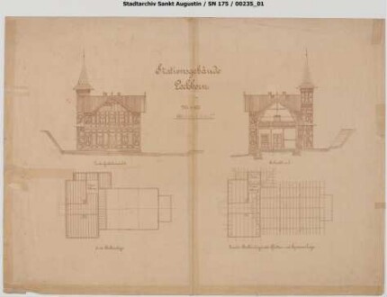 Siegburg, Bahnhof, Lokomotivschuppen. Auf der Rückseite Ansichten und Grundrisse vom Bahnhof Lochborn der Spessartbahn
