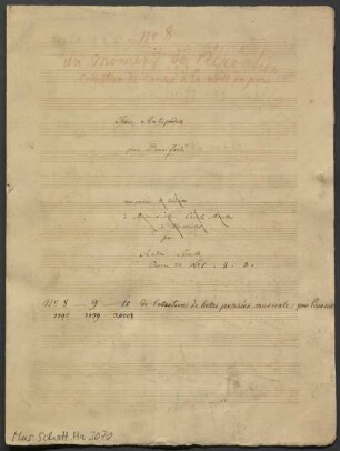 3 Keyboard pieces, pf, op. 124, Fragments - BSB Mus.Schott.Ha 3070 : [title page, with red chalk:] N|o 8 // Un Moment de récréation // Collection de danses à la mode du jour // [with ink and crossed out with red chalk:] Trois [with ink:] Antipodes [with red chalk corrected to: Antipode] // pour Piano=forté // composée [crossed out with ink: & dédiées // à Mademoiselle Cécile Mueller // à Neuchâtel] // par // André Spaeth. // Oeuvre 124. N|o 1. 2. 3. // N|o 8 — 9 — 10 [crossed out with red chalk: de Collection de belles pensées musicale pour Piano seul]