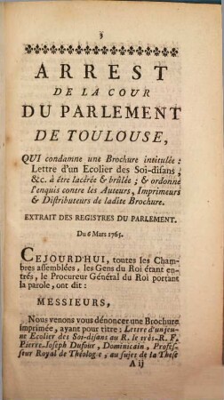 Arrest De La Cour Du Parlement De Toulouse. Du 6 Mars 1765