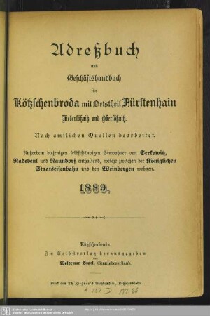 1889: Adreßbuch und Geschäfts-Handbuch für Kötzschenbroda mit Ortstheil Fürstenhain, Niederlößnitz und Oberlößnitz