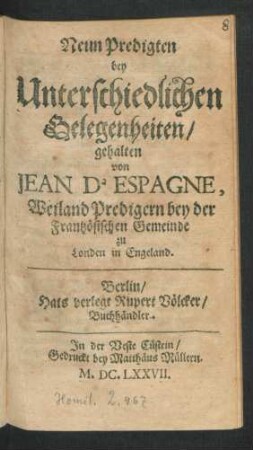 Neun Predigten bey Unterschiedlichen Gelegenheiten
