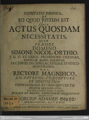 Disputatio Iuridica, De Eo, Quod Iustum Est Circa Actus Quosdam Necessitatis