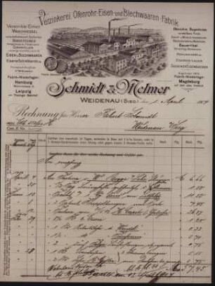 Firmenbriefkopf Schmidt & Melmer, Verzinkerei, Ofenrohr-, Eisen - und Blechwaaren - Fabrik