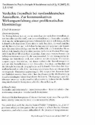 Verdeckte Fremdheit bei russlanddeutschen Aussiedlern. Zur kommunikativen Wirkungsentfaltung einer problematischen Identitätslage