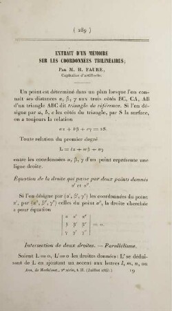 Extrait d'un mémoire sur les coordonnées trilinéaires.