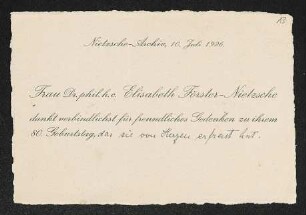Brief von Elisabeth Förster-Nietzsche von Nietzsche-Archiv  an Gerhart Hauptmann