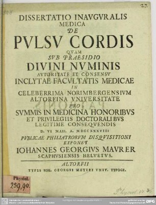 Dissertatio Inauguralis Medica De Pulsu Cordis