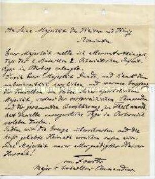 Text eines Telegramms von Sigismund von Förster an Kaiser Wilhelm II. mit der Mitteilung über die Ankunft des Ostasiatischen Expeditionskorps in Oderberg