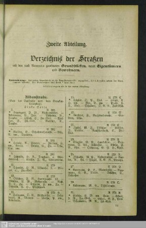Zweite Abteilung. Häuserbuch : Zweite Abteilung. Verzeichnis der Straßen mit den nach Nummern geordneten Grundstücken, deren Eigentümern und Bewohnern