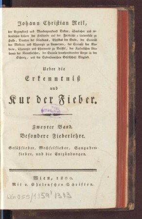 2: Ueber die Erkenntniß und Kur der Fieber, Zweyter Band, Besondere Fieberlehre