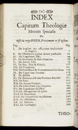 Index Capitum Theologiæ Morum specialis De Officiis erga Deum, Proximum ac se ipsum