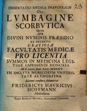 Dissertatio Medica Inavgvralis De Lvmbagine Scorbvtica