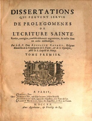 Dissertations Qui Peuvent Servir De Prolégomenes De L'Écriture Sainte, 1