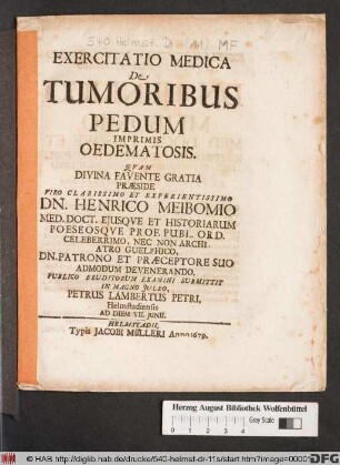 Exercitatio Medica De Tumoribus Pedum Imprimis Oedematosis