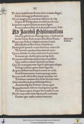 Ad Jacobum Philomusum Exhortatio Sebastiani Brant