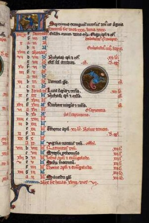 Kalendar, Monat Dezember: Kalendartafel mit Abfolge der Goldenen Zahl, Sonntagsbuchstabe, Römischer Kalender und Gedenktagen. Zierinitiale: KL (Kalendae), Monatsbild: Schweineschlachten, Sternbild: Steinbock als Einhorn.