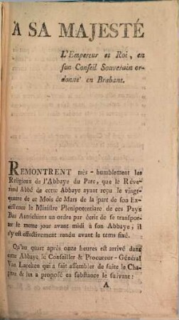 Translat De La Requête Présentée Au Souverain Conseil de Brabant par les Religieux de l'Abbaye du Parc