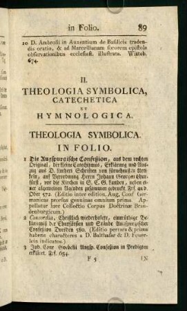 II. Theologia Symbolica Catechetica et Hymnologica.