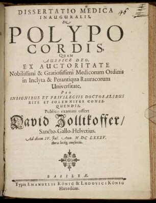 Dissertatio Medica Inauguralis, De Polypo Cordis