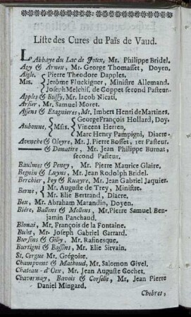 Liste des Cures du Païs de Vaud