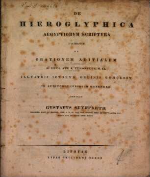 De hieroglyphica Aegyptiorum scriptura : diss. ; cum IV tab.