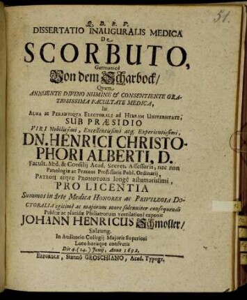 Dissertatio Inauguralis Medica De Scorbuto, Germanicè Von dem Scharbock