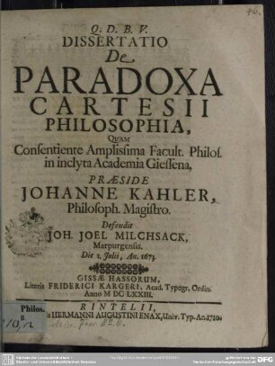 Dissertatio De Paradoxa Cartesii Philosophia