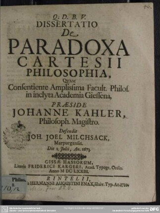 Dissertatio De Paradoxa Cartesii Philosophia